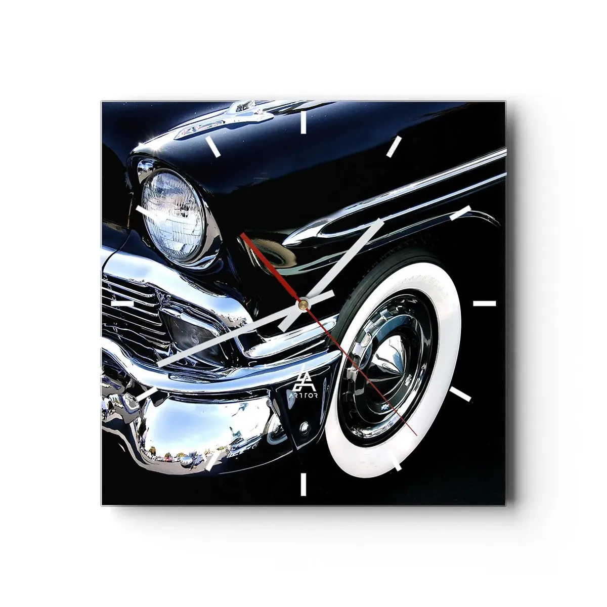 Orologio da parete - Orologio in Vetro - Primo piano del faro e del parafango di un'auto classica nera - 30x30cm - Classicità in argento, nero e bianco - Decorazione murale moderna per soggiorno e camera da letto ARTTOR