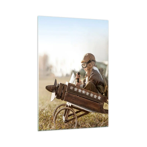 Quadro su vetro - Un bambino su un aeroplanino giocattolo con un campo sullo sfondo - 70x100cm - Decollo verso i sogni - Decorazione murale moderna per soggiorno e camera da letto ARTTOR