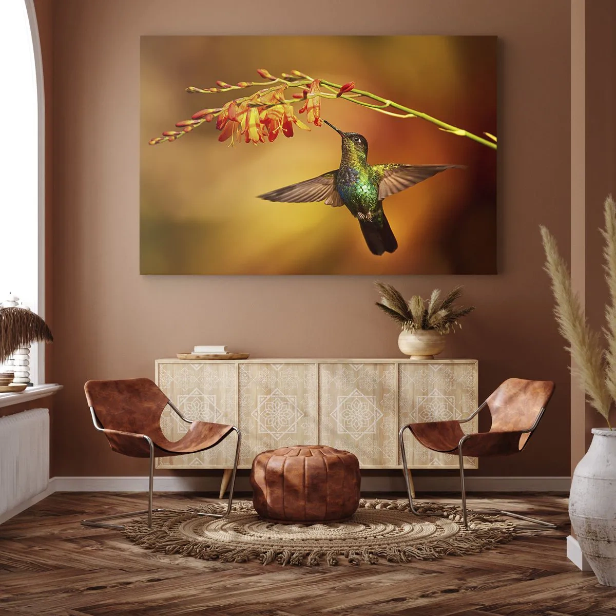 Quadro su tela - Stampe su Tela - Colibrì vicino a un fiore nella calda luce - 120x80cm - Messaggero di luce secondo i Maya - Decorazione murale moderna per soggiorno e camera da letto ARTTOR