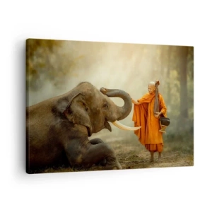 Quadro su tela - Stampe su Tela - Un monaco e un elefante in armonia sullo sfondo della natura - 70x50cm - Incontro nel viaggio - Decorazione murale moderna per soggiorno e camera da letto ARTTOR