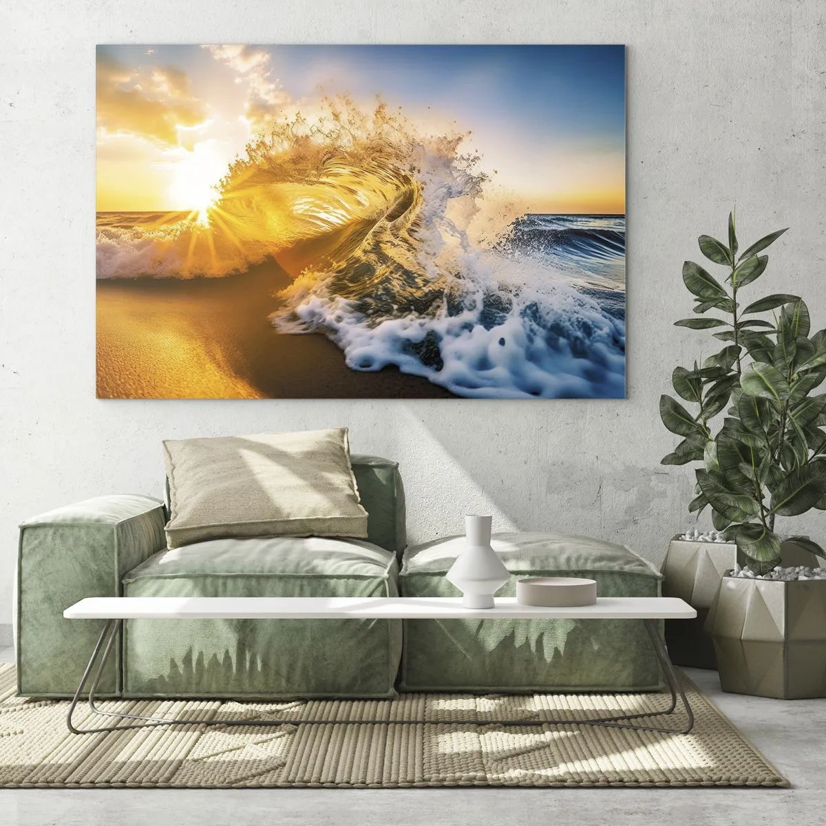 Quadro su vetro - Un'onda che si infrange sulla riva, illuminata dai raggi del sole al tramonto - 70x50cm - Gioco sulla sabbia - Decorazione murale moderna per soggiorno e camera da letto ARTTOR