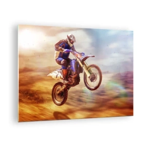 Quadro su vetro - Un motociclista che vola su un terreno sabbioso - 70x50cm - Vertigini motociclistiche - Decorazione murale moderna per soggiorno e camera da letto ARTTOR