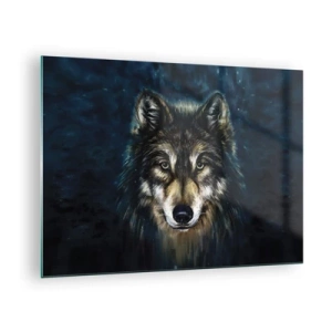 Quadro su vetro - Un lupo su uno sfondo scuro, come una foresta, in stile realistico. - 70x50cm - Alfa? E omega - Decorazione murale moderna per soggiorno e camera da letto ARTTOR