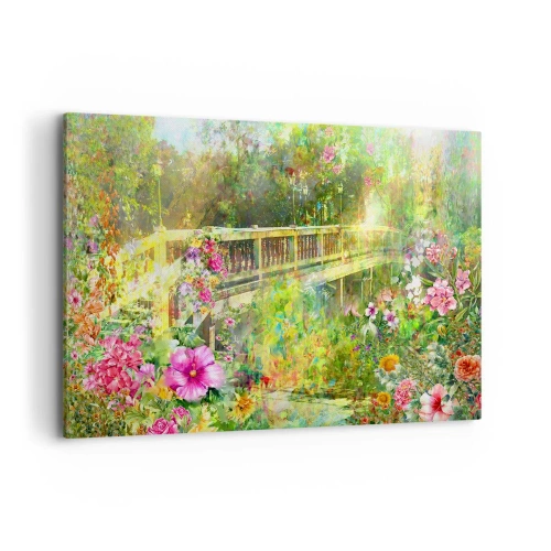 Quadro su tela - Stampe su Tela - Un ponte circondato da una vegetazione lussureggiante e fiori - 120x80cm - Il ponte dei sospiri primaverili - Decorazione murale moderna per soggiorno e camera da letto ARTTOR