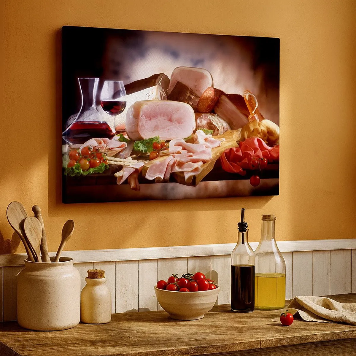 Quadro su tela - Stampe su Tela - Affettati con vino su sfondo rustico - 70x50cm - Sogno culinario con caraffa - Decorazione murale moderna per soggiorno e camera da letto ARTTOR