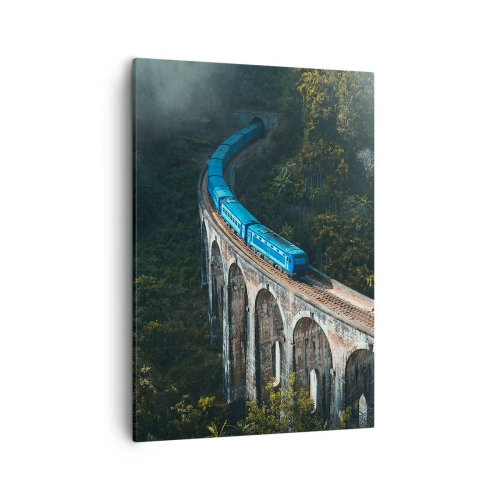 Quadro su tela - Stampe su Tela - Un treno blu su un viadotto storico tra le foreste - 50x70cm - Attrazione della natura - Decorazione murale moderna per soggiorno e camera da letto ARTTOR