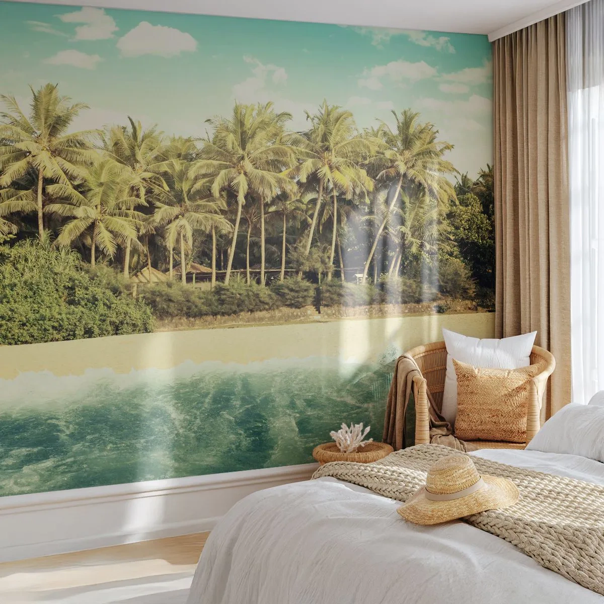Fotomurali Premium Sand - Una spiaggia con palme e mare blu in una giornata di sole - 100x70cm - Forse qui? - Decorazione murale moderna per soggiorno e camera da letto ARTTOR