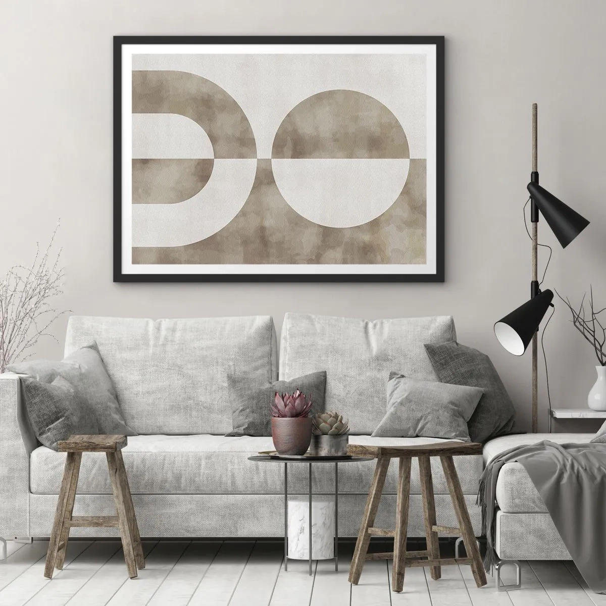 Poster in cornice nera - Un dipinto astratto nei toni del beige con forme geometriche e simmetria. - 100x70cm - Analogie e differenze - Decorazione murale moderna per soggiorno e camera da letto ARTTOR