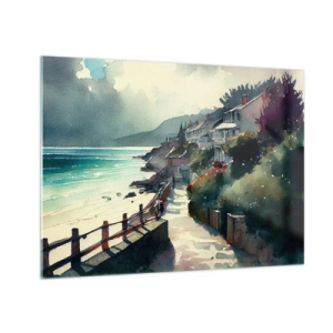 Quadro su vetro - Un lungomare con case colorate e acqua - 70x50cm - Cittadina mediterranea - Decorazione murale moderna per soggiorno e camera da letto ARTTOR
