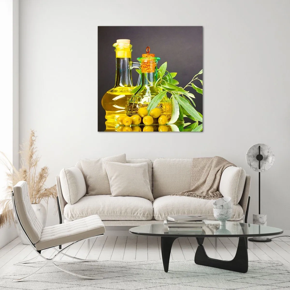 Quadro su vetro - Natura morta con olive e olio - 60x60 cm