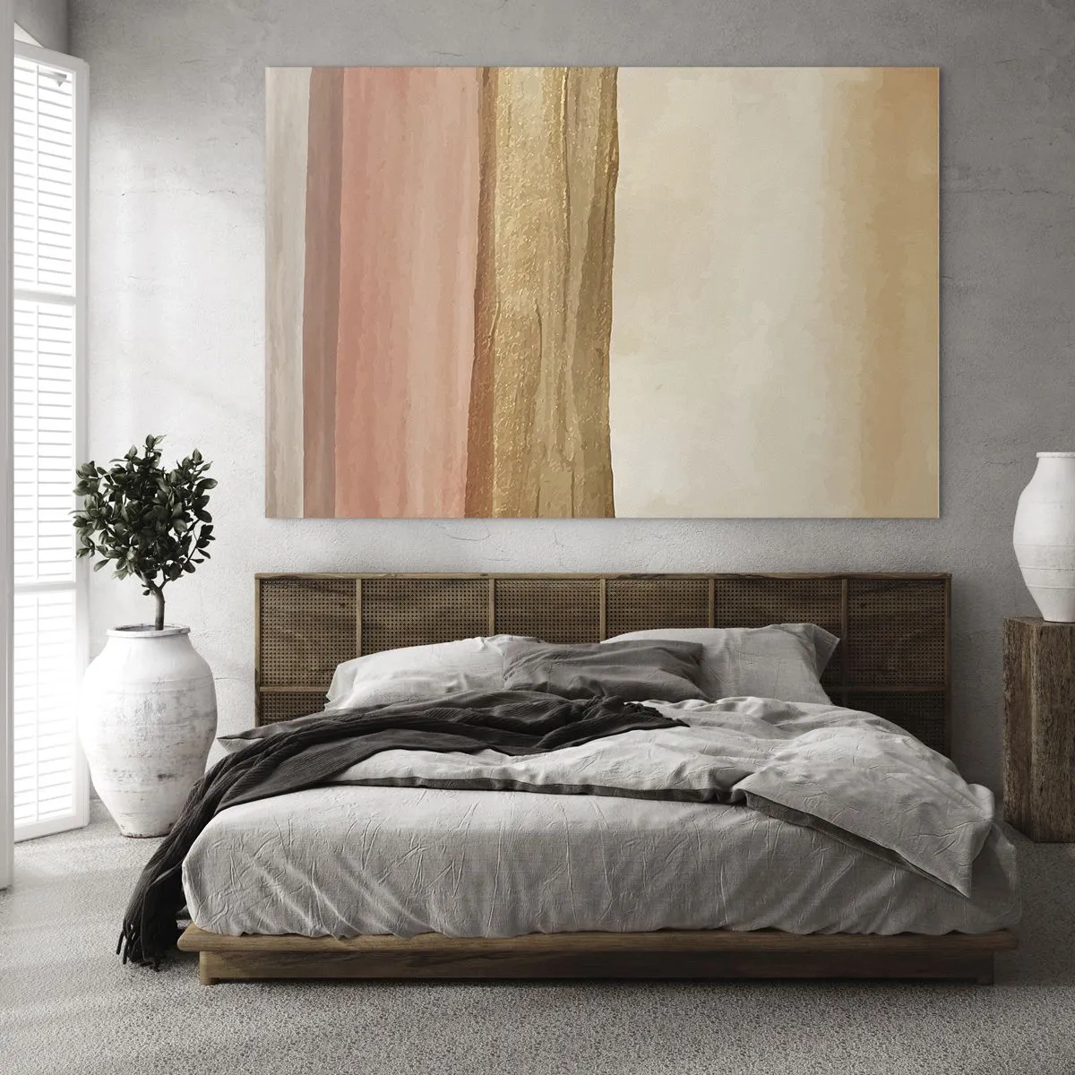 Quadro su vetro - Strisce astratte nelle calde tonalità del beige e dell'oro - 70x50cm - Composizione verticale - Decorazione murale moderna per soggiorno e camera da letto ARTTOR