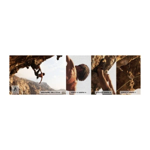 Campione di Fotomurale Premium Canvas - Il mondo ristretto in una mano sul bordo del masso - Isola di Kalimnos, Arrampicata, Paesaggio - 100x30 cm