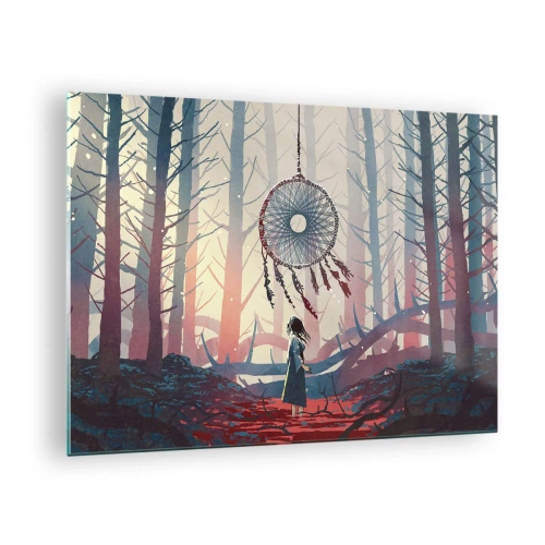 Quadro su vetro - Una figura nella foresta osserva un grande acchiappasogni che fluttua nell'aria. - 70x50cm - Il rituale segreto della felicità - Decorazione murale moderna per soggiorno e camera da letto ARTTOR