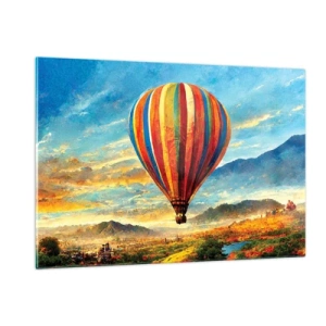 Quadro su vetro - Un palloncino colorato che fluttua sopra un paesaggio montano - 120x80cm - Nel silenzio si vede meglio - Decorazione murale moderna per soggiorno e camera da letto ARTTOR