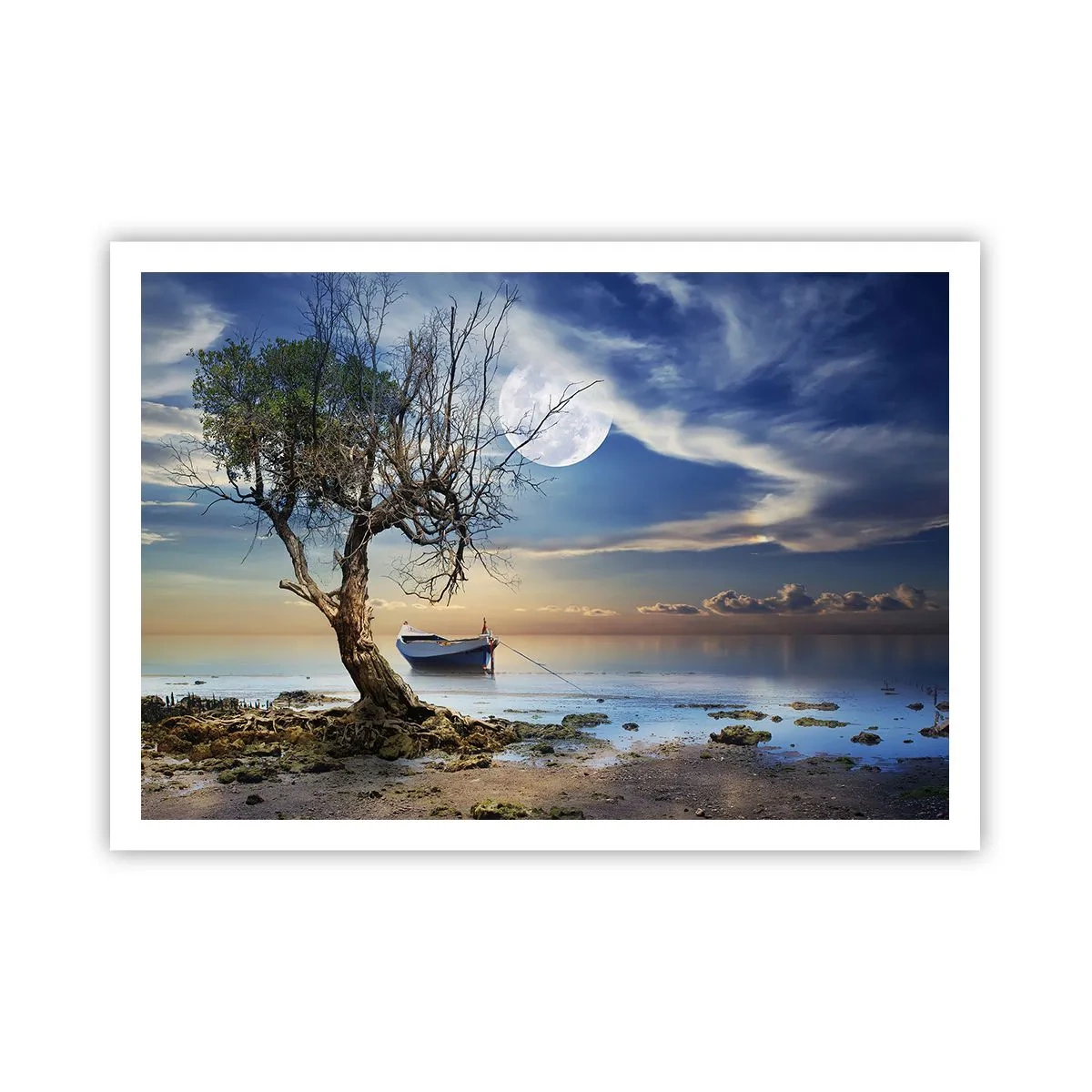 Poster - Un albero solitario e una barca su acque calme sotto la luna piena. - 100x70cm - È la fine o l'inizio? - Decorazione murale moderna per soggiorno e camera da letto ARTTOR