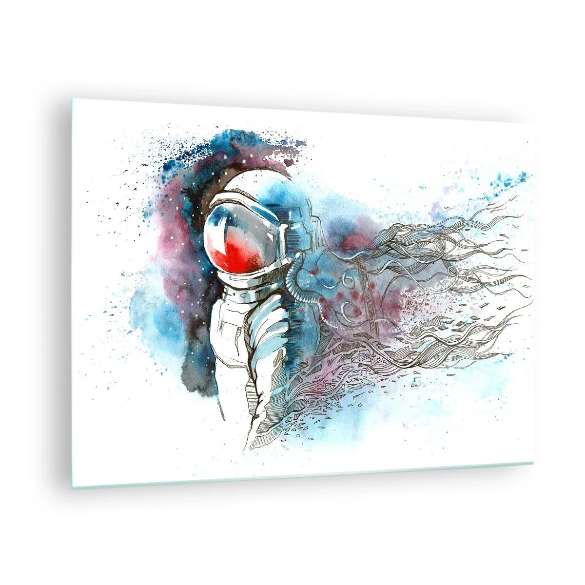 Quadro su vetro - Astronauta in un ambiente spaziale dinamico ad acquerello - 70x50cm - Da solo nel cosmo - Decorazione murale moderna per soggiorno e camera da letto ARTTOR