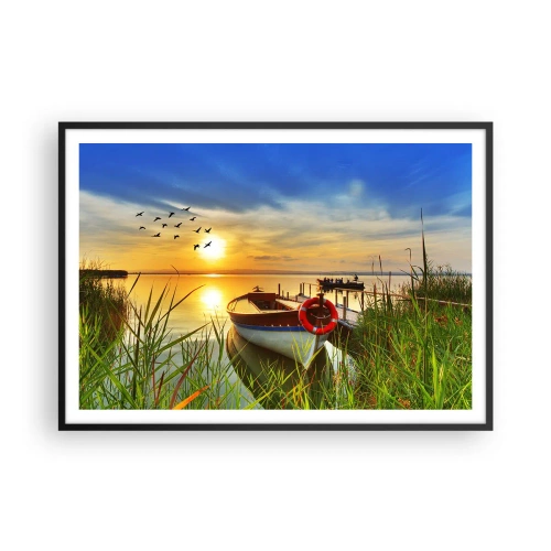Poster in cornice nera - Una barca sulla riva di un lago al tramonto - 100x70cm - I cormorano volano già via - Decorazione murale moderna per soggiorno e camera da letto ARTTOR