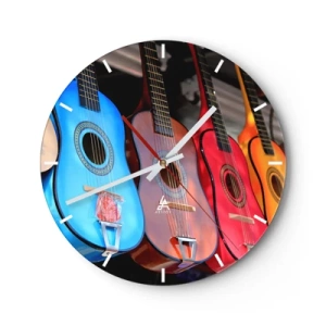 Orologio da parete - Orologio in Vetro - Chitarre colorate in diverse tonalità su uno sfondo scuro - 30x30cm - Atmosfera latina - Decorazione murale moderna per soggiorno, cucina e camera da letto ARTTOR