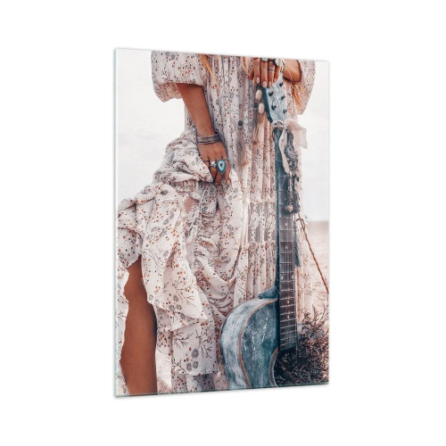 Quadro su vetro - Donna in stile boho con chitarra sulla spiaggia - 70x100cm - Figli dei fiori in cammino - Decorazione murale moderna per soggiorno e camera da letto ARTTOR