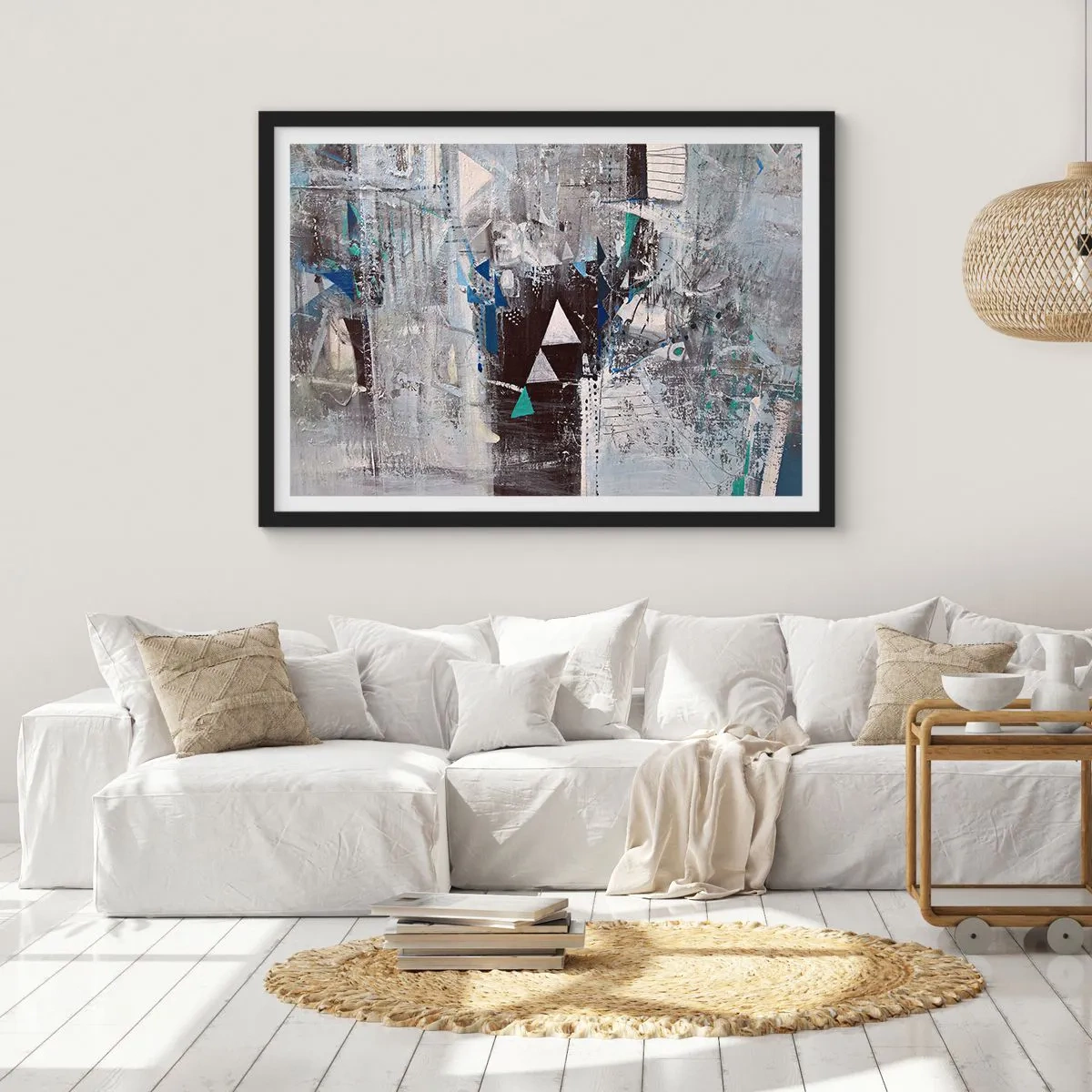 Poster in cornice nera - Composizione astratta con triangoli e motivi geometrici - 70x50cm - L'ordine superiore dei triangoli - Decorazione murale moderna per soggiorno e camera da letto ARTTOR