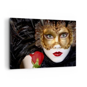 Quadro su tela - Stampe su Tela - Maschera veneziana dorata con piume e rosa rossa, motivo misterioso. - 100x70cm - Perché la vita è un grande ballo - Decorazione murale moderna per soggiorno e camera da letto ARTTOR