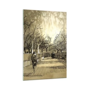 Quadro su vetro - Una scena di cartone animato di un parco con persone che camminano in toni caldi. - 80x120cm - Attimo fermato con la penna - Decorazione murale moderna per soggiorno e camera da letto ARTTOR