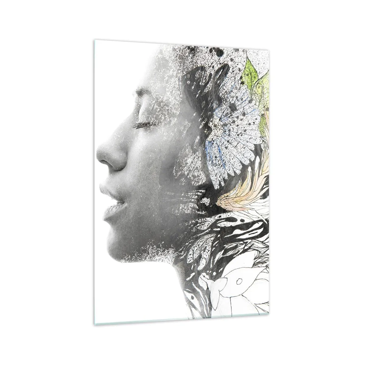 Quadro su vetro - Profilo di una donna in un collage artistico di natura e oscurità - 70x100cm - Immersa nella natura - Decorazione murale moderna per soggiorno e camera da letto ARTTOR