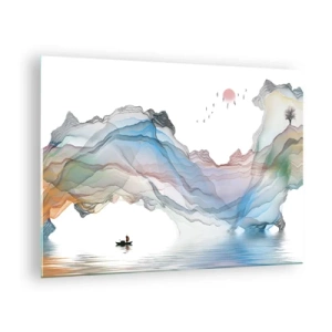 Quadro su vetro - Montagne colorate con una barca sull'acqua in stile acquerello - 70x50cm - Verso i monti di cristallo - Decorazione murale moderna per soggiorno e camera da letto ARTTOR