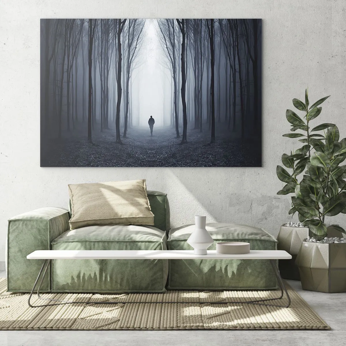 Quadro su vetro - Una figura in una foresta oscura con la nebbia sullo sfondo - 100x70cm - E tutto è semplice e chiaro - Decorazione murale moderna per soggiorno e camera da letto ARTTOR
