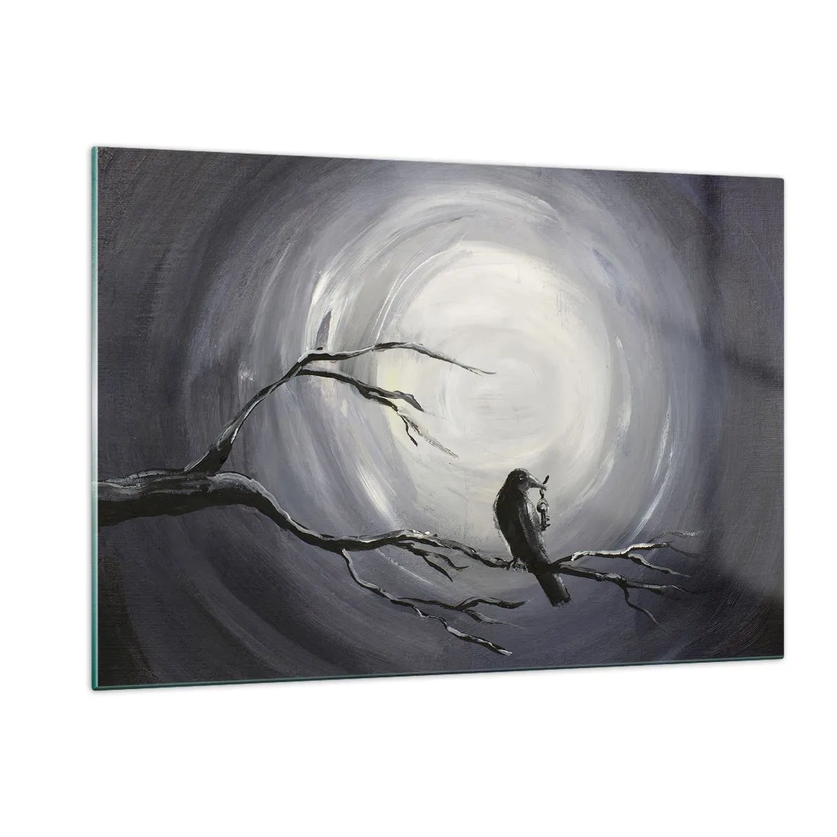 Quadro su vetro - Un corvo seduto su un ramo sullo sfondo della luna piena - 120x80cm - Chiave di una notte misteriosa - Decorazione murale moderna per soggiorno e camera da letto ARTTOR