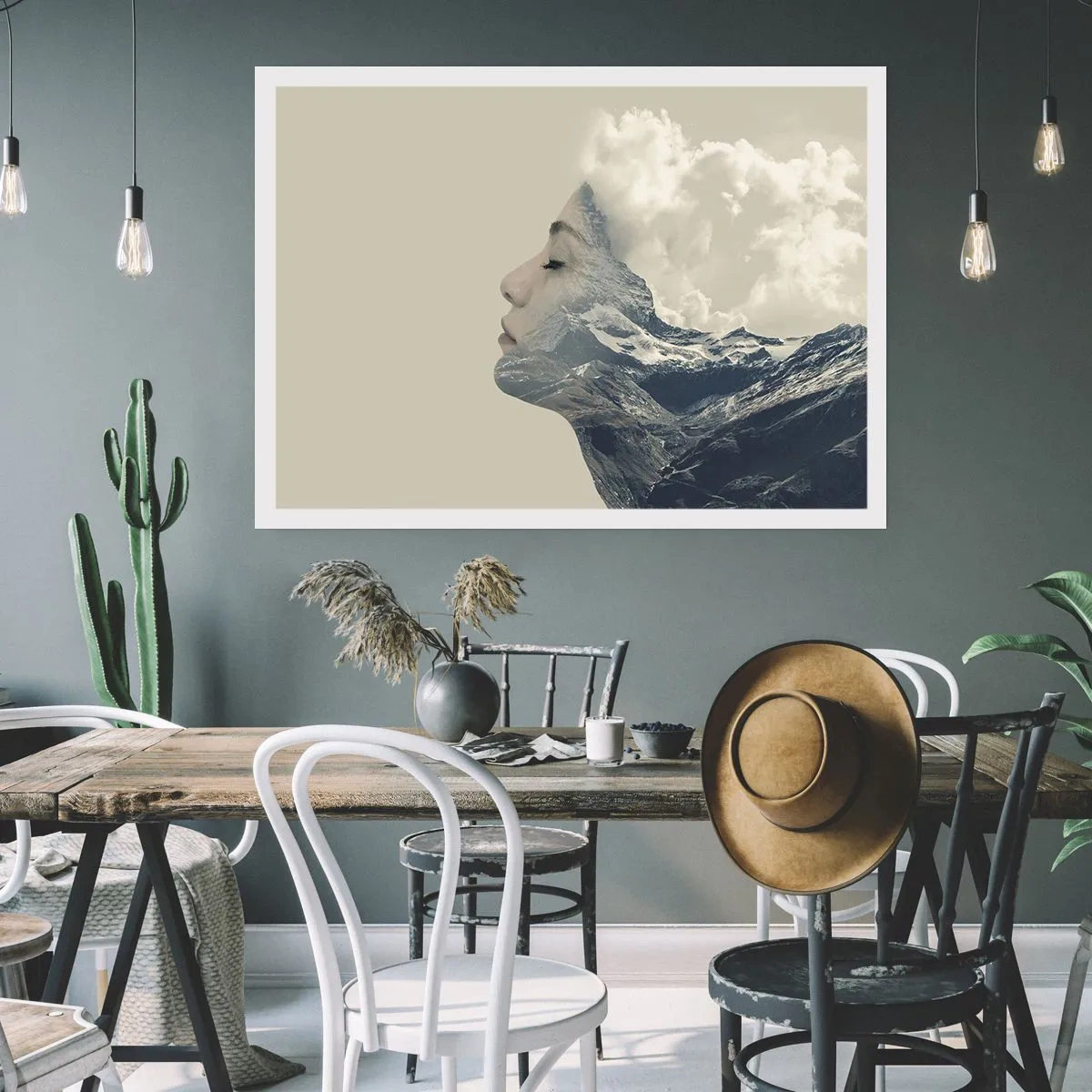 Poster - Silhouette di una donna con un paesaggio montano sullo sfondo - 100x70cm - La bellezza degli elementi - Decorazione murale moderna per soggiorno e camera da letto ARTTOR