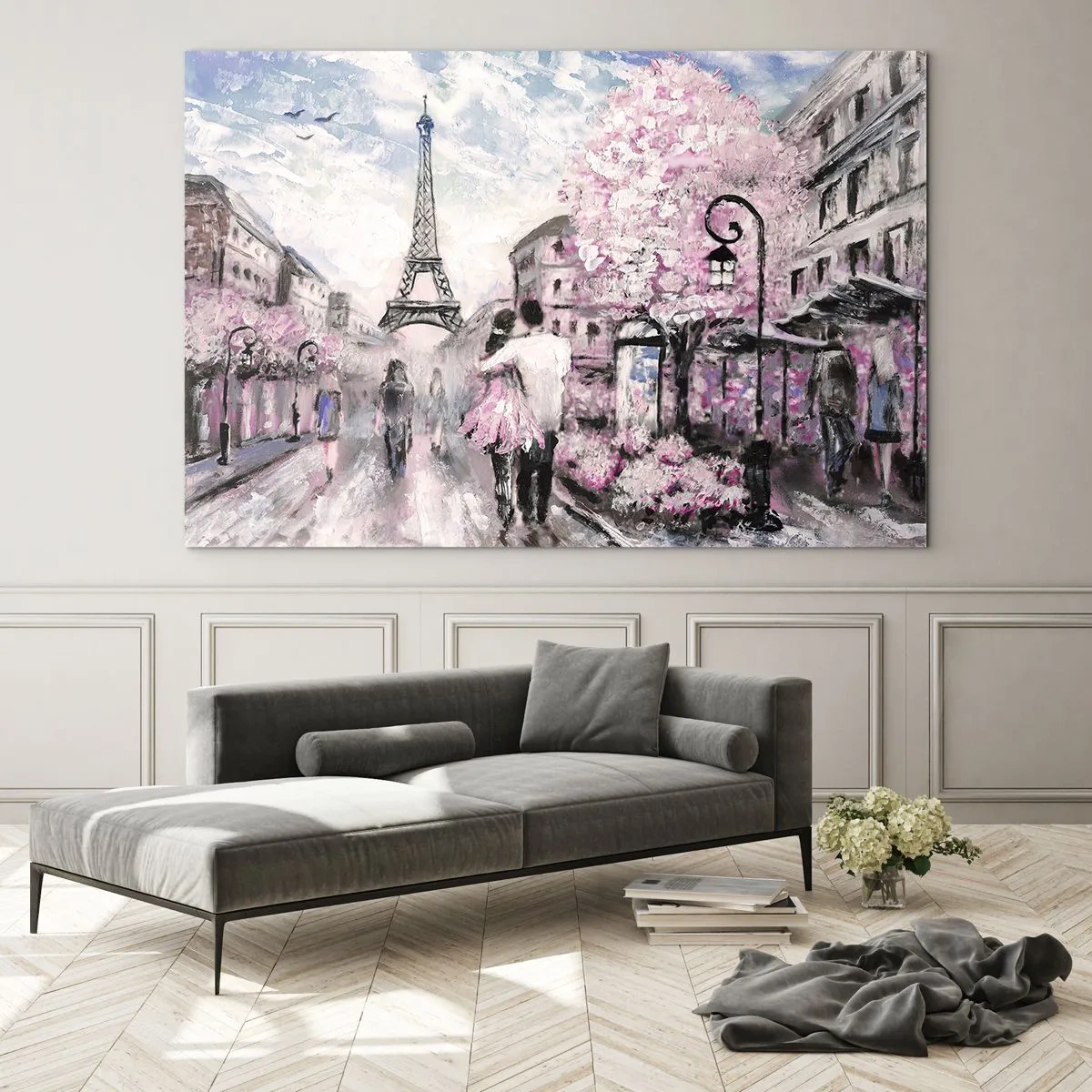 Quadro su vetro - Coppia romantica a Parigi con la Torre Eiffel sullo sfondo - 100x70cm - Se innamorarsi, allora solo a... - Decorazione murale moderna per soggiorno e camera da letto ARTTOR