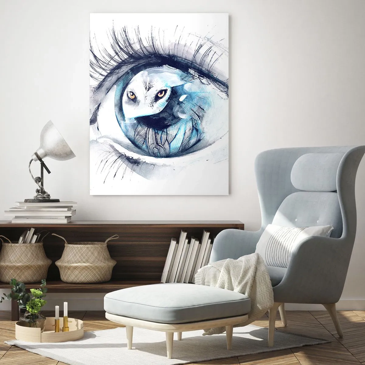 Quadro su vetro - Un occhio con l'immagine di un gufo in tonalità di blu acquerellate - 80x120cm - Faccia a faccia con la natura selvaggia - Decorazione murale moderna per soggiorno e camera da letto ARTTOR