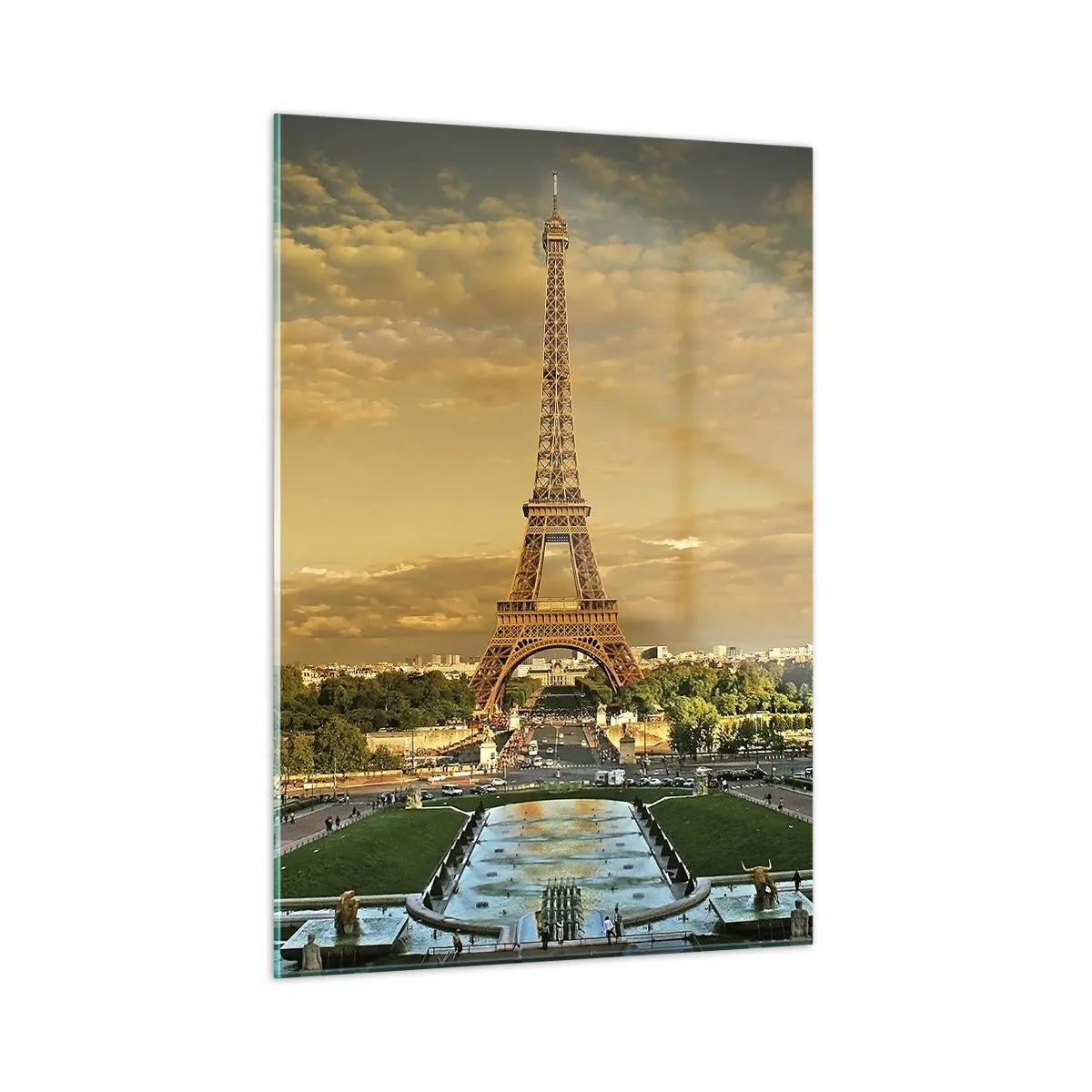 Quadro su vetro - La Torre Eiffel circondata dai giardini parigini al tramonto - 50x70cm - La regina di Parigi - Decorazione murale moderna per soggiorno e camera da letto ARTTOR