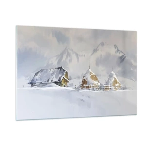 Quadro su vetro - Paesaggio invernale con una casetta e pagliai in montagna - 120x80cm - Nella valle innevata - Decorazione murale moderna per soggiorno e camera da letto ARTTOR