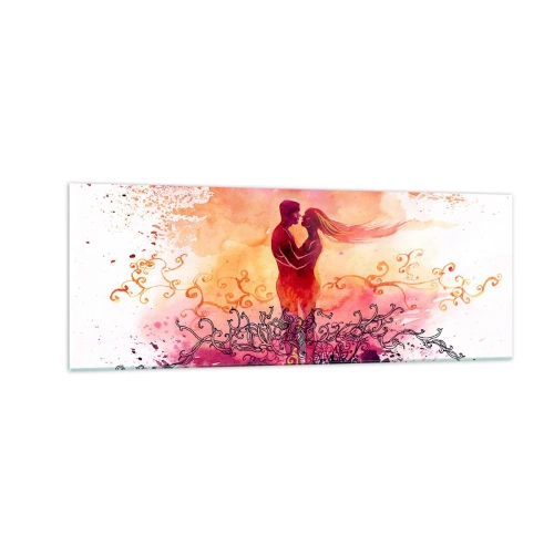 Quadro su vetro - Una coppia abbracciata su uno sfondo astratto rosa e arancione - 140x50cm - Un unico cuore! Mi basta così poco... - Decorazione murale moderna per soggiorno e camera da letto ARTTOR