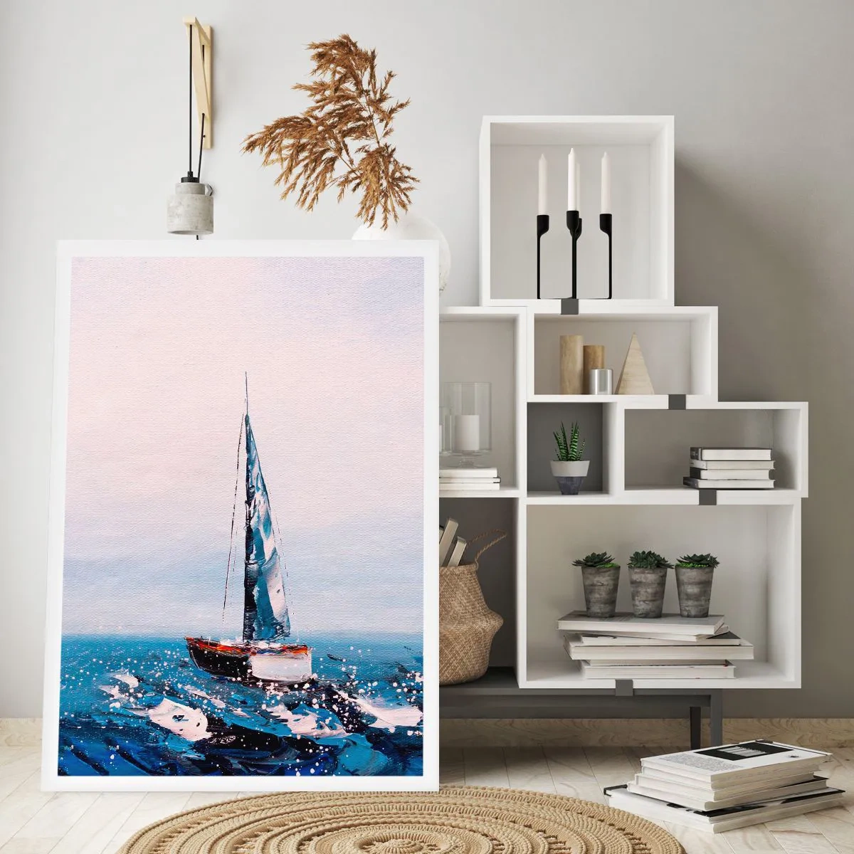 Poster - Una barca a vela su un oceano in tempesta in stile pittorico - 50x70cm - Fratellanza nel vento - Decorazione murale moderna per soggiorno e camera da letto ARTTOR