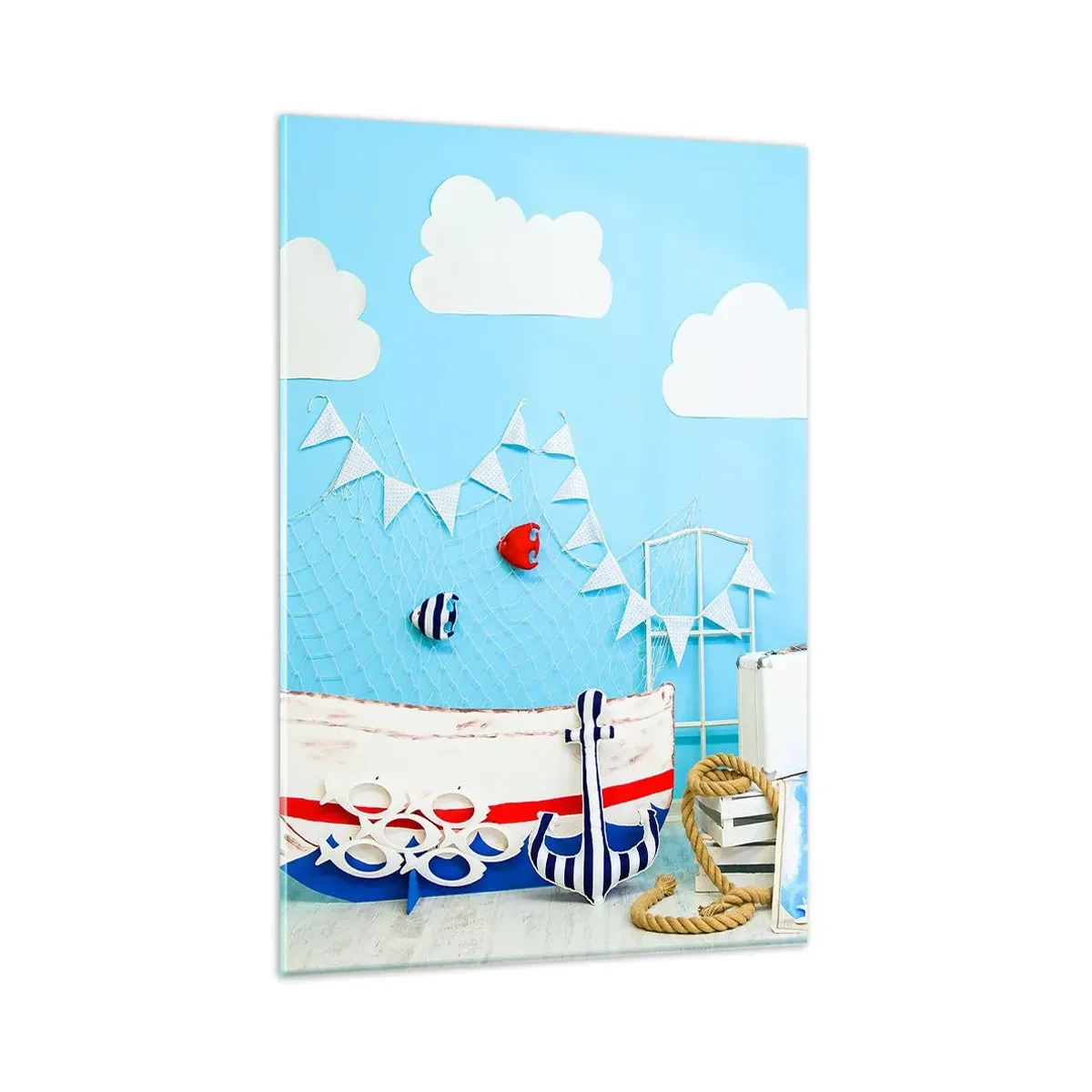 Quadro su vetro - Decorazione nautica con barca e accessori su sfondo blu - 80x120cm - La nostalgia delle avventure dei bambini - Decorazione murale moderna per soggiorno e camera da letto ARTTOR
