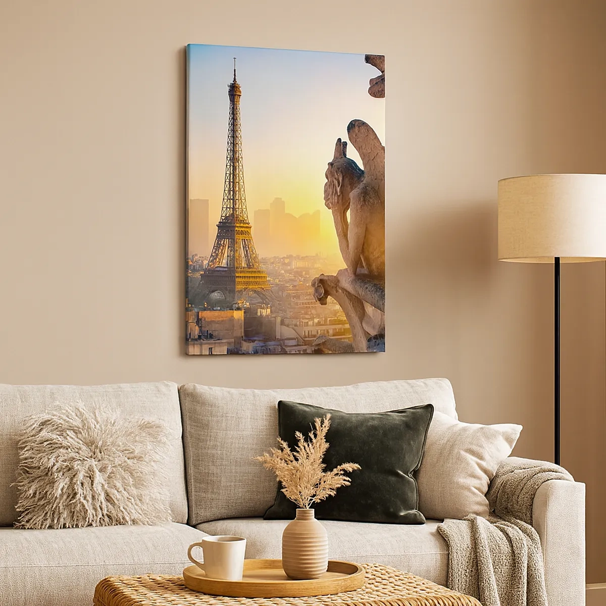 Quadro su tela - Stampe su Tela - Vista della Torre Eiffel con i gargoyle sullo sfondo - 50x70cm - Tante cose sono cambiate... - Decorazione murale moderna per soggiorno e camera da letto ARTTOR