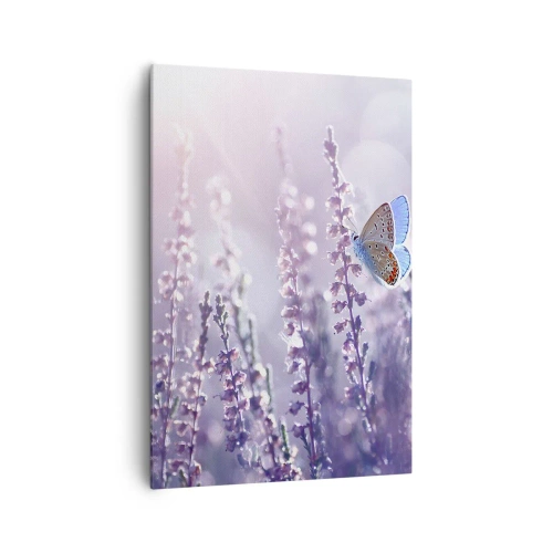Quadro su tela - Stampe su Tela - Una farfalla sulla lavanda in fiore nella luce del mattino - 70x100cm - Il bacio della farfalla - Decorazione murale moderna per soggiorno e camera da letto ARTTOR