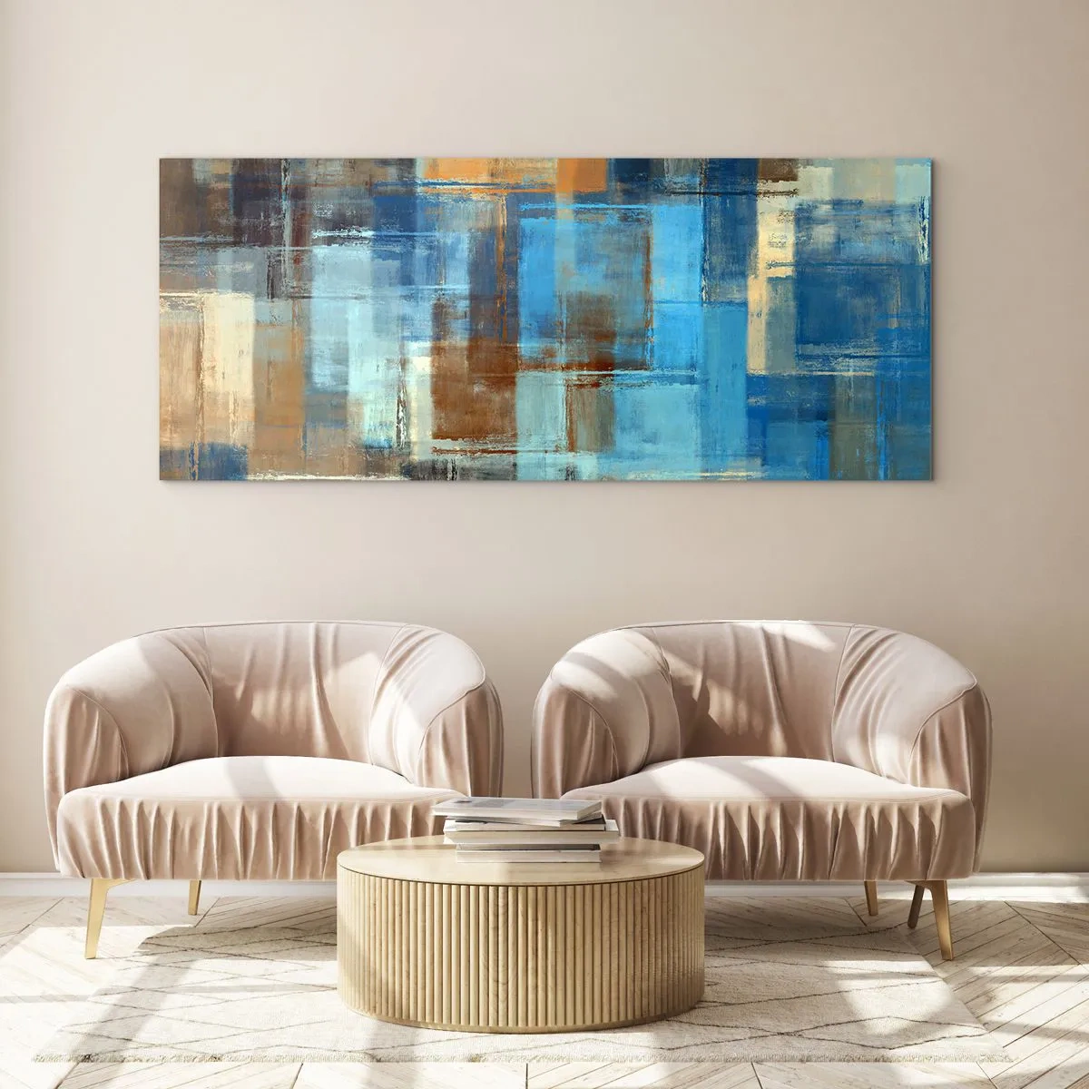 Quadro su vetro - Attraverso la tenda blu - 100x40 cm