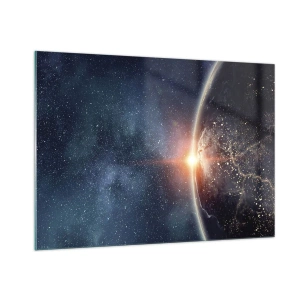 Quadro su vetro - La Terra illuminata dai raggi del sole nello spazio - 100x70cm - In una nuova prospettiva - Decorazione murale moderna per soggiorno e camera da letto ARTTOR