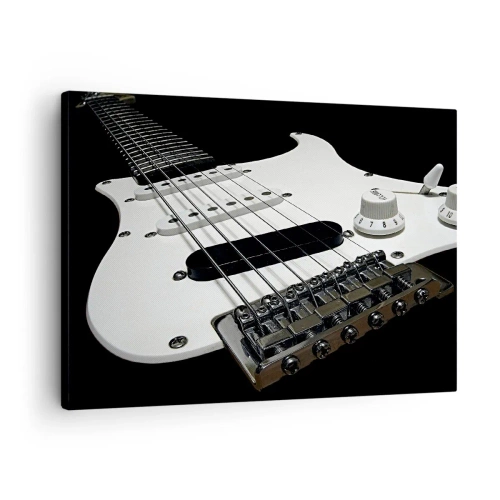 Quadro su tela - Stampe su Tela - Primo piano di una chitarra elettrica bianca su sfondo nero. - 70x50cm - Il suono nascosto nel bianco - Decorazione murale moderna per soggiorno e camera da letto ARTTOR
