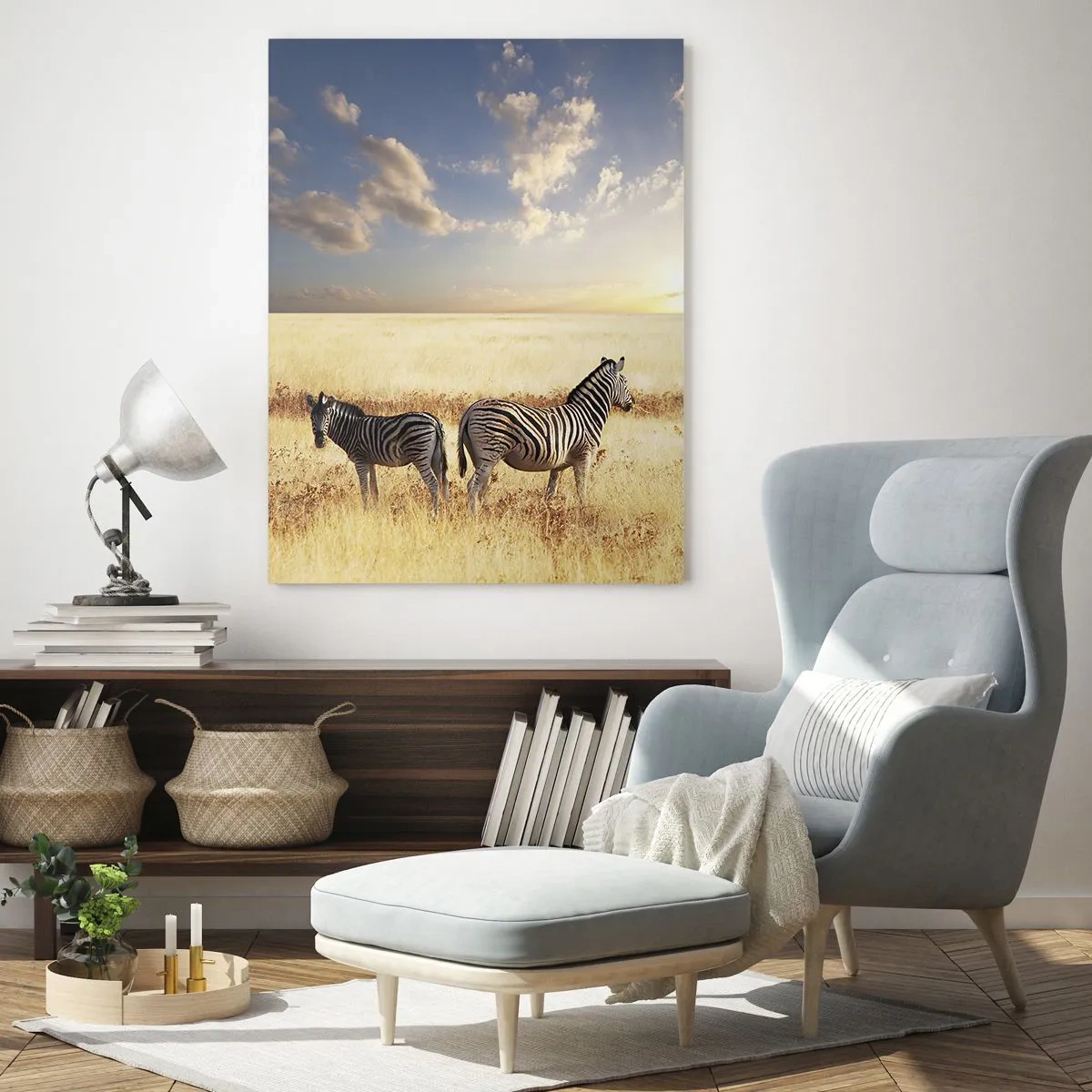 Quadro su vetro - Due zebre nella savana al tramonto - 50x70cm - Allontanati, non disturbare - Decorazione murale moderna per soggiorno e camera da letto ARTTOR