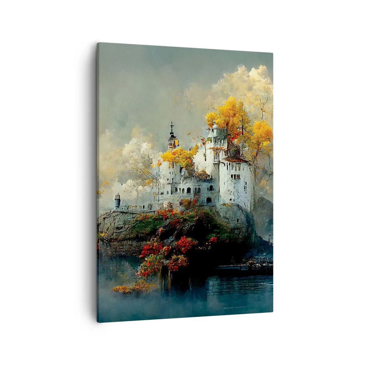 Quadro su tela - Stampe su Tela - Un castello su una collina circondato da alberi autunnali - 50x70cm - Inizio di una storia romantica - Decorazione murale moderna per soggiorno e camera da letto ARTTOR
