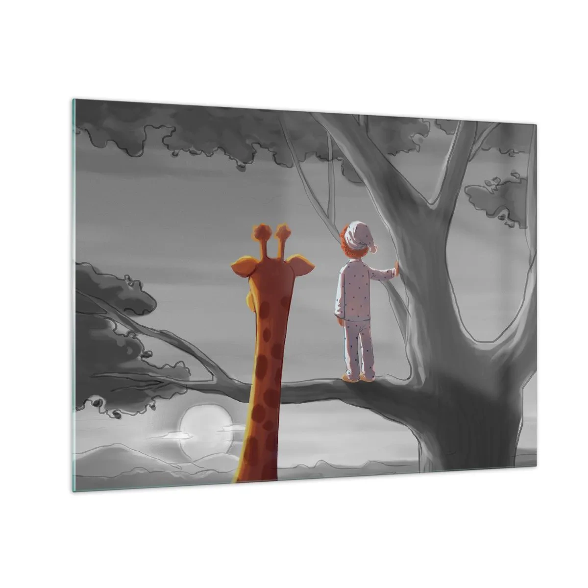 Quadro su vetro - Un bambino in pigiama e una giraffa osservano il tramonto da un albero. - 70x50cm - Sta succedendo davvero - Decorazione murale moderna per soggiorno e camera da letto ARTTOR