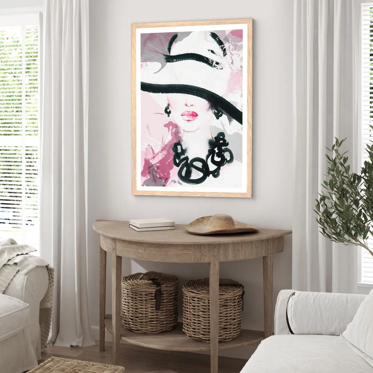 Poster in cornice rovere chiaro - Ritratto di donna in nero e rosa - 40x50 cm