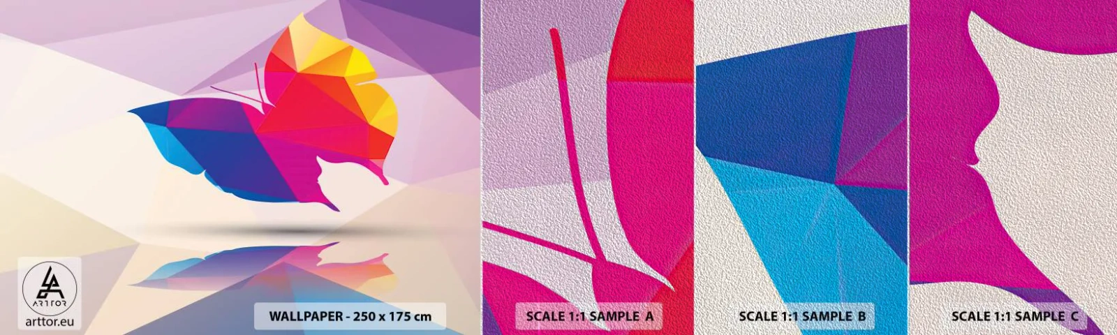 Campione di Fotomurale Premium Sand - La farfalla arcobaleno - insetti, Farfalla, Figura geometrica - 100x30 cm