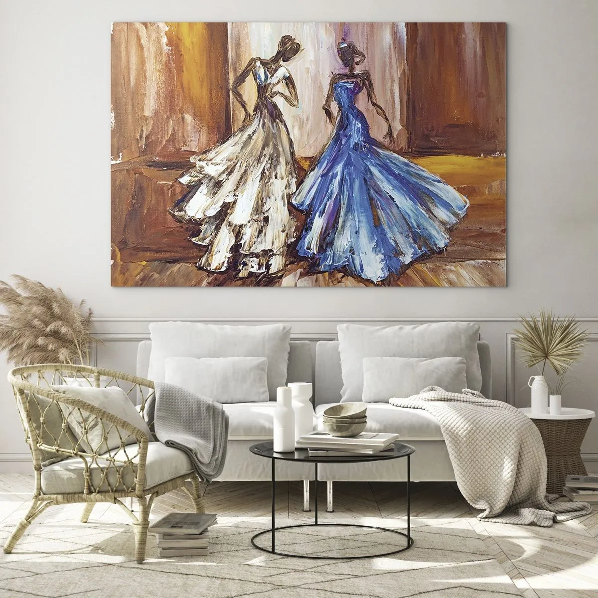 Quadro su vetro - Figure femminili in abiti da ballo in stile artistico - 100x70cm - Duetto armonioso - Decorazione murale moderna per soggiorno e camera da letto ARTTOR