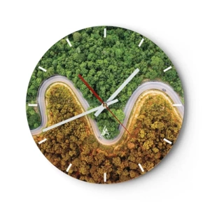 Orologio da parete - Orologio in Vetro - Una strada asfaltata tortuosa che attraversa la foresta vista dall'alto - 30x30cm - Confine e separazione - Decorazione murale moderna per soggiorno, cucina e camera da letto ARTTOR